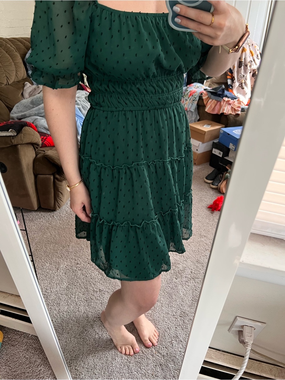 Francesca's Collections Emerald Green Off-Shoulder Tiered Mini Dress